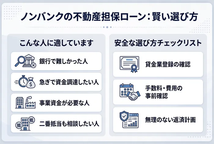 ノンバンクの不動産担保ローンが向いている人の特徴と、貸金業登録・手数料確認・返済計画など安心して選ぶための確認ポイントを整理したアイキャッチ